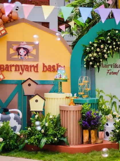 Welcome to the barnyard! This vibrant farm-themed setup for Aarvika's party features a custom-built barn, a windmill, and adorable animal props. I love bringing classic, fun-filled themes to life with a fresh and colorful twist.