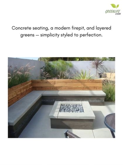 We often use built-in concrete seating for a durable and modern look. Here, it's combined with a matching firepit and softened by a wooden backrest and surrounding ornamental grasses.