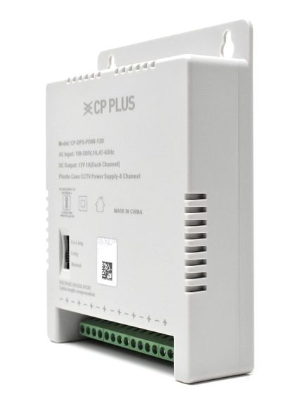 This is an 8-channel CP Plus branded SMPS power supply. Using a high-quality, branded power supply is crucial for preventing fluctuations that can damage your cameras and DVR.