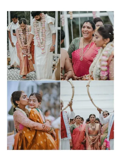 A collage of emotional and joyful moments from a Hindu wedding, including family hugs and the bride's entrance.