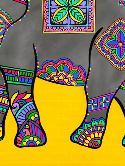 This view focuses on the intricate patterns covering the elephant's legs. Each section is filled with unique designs, reminiscent of traditional Indian textiles and Phad painting styles.