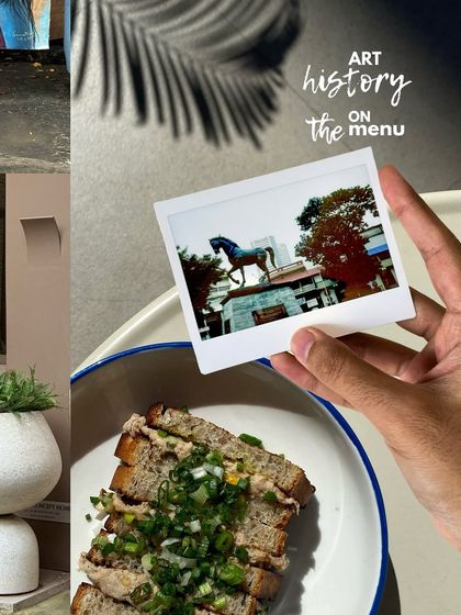 'Art history on the menu'. A creative collage where a polaroid of a statue is held over a plate of food.