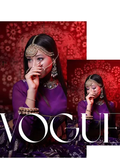 A high-fashion, "Vogue"-inspired collage from a bridal look shoot. The dramatic red lighting and modern layout give this portrait a bold, editorial feel.
