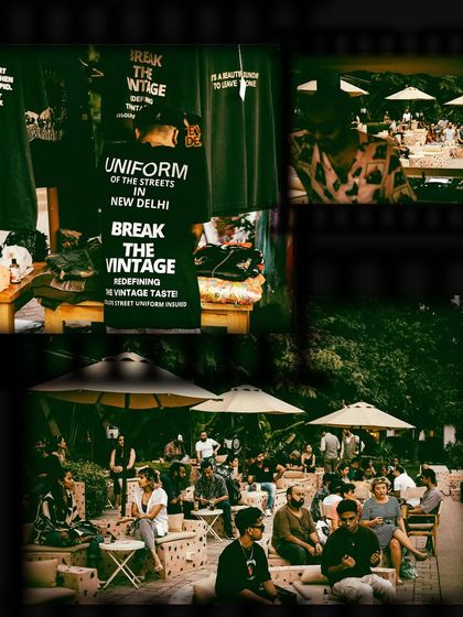 This collage highlights the merch and community aspects of our pop-ups. We partner with local brands like 'Break The Vintage' to create a market-like atmosphere where people can hang out all day.