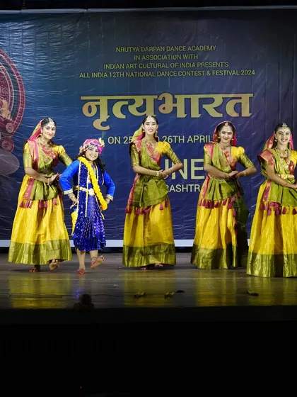 A snippet from Part 1 of our production "PREMA VINOD." Here, the younger students portray the friends of Krishna, showcasing their budding talent on the big stage.