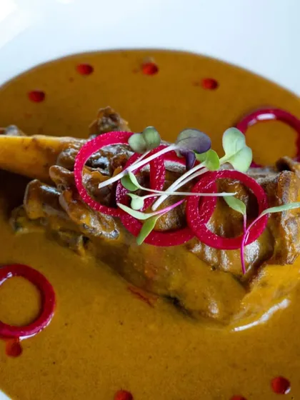 A close-up of the Lamb Shank Nihari, garnished with pickled onions and microgreens. The meat is so tender it falls off the bone, a true delicacy of Awadhi cuisine.