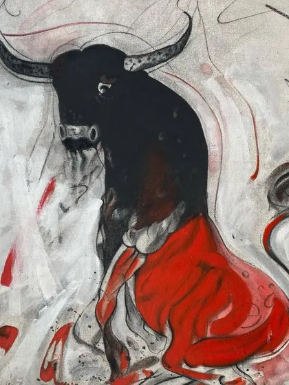 A dynamic depiction of a bull by contemporary artist Sunil Das. The use of black and red against a stark background creates a sense of raw power and movement, characteristic of his well-known animal paintings.
