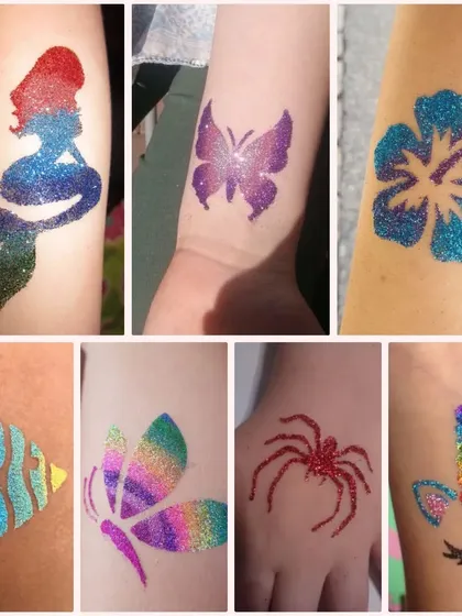 Here’s a quick glimpse into the variety I can bring to your party. This collage features some of my most requested glitter tattoo designs, including mermaids, butterflies, spiders, and unicorns.