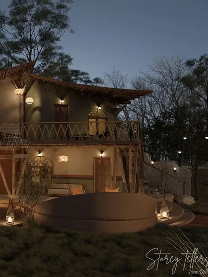 This evening shot captures the magical atmosphere of the resort. The string lights, lanterns, and illuminated interiors create a constellation of warm light against the dark forest, promising a peaceful and cozy retreat.