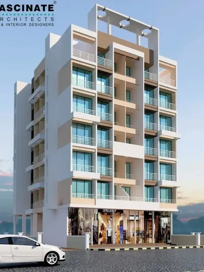 The architectural visualization for "Sarang Verbena," a residential building in Pushpak-Vadghar. This design features a contemporary facade with clean lines and recessed balconies, housing 54 flats and 5 shops in a compact and efficient structure.