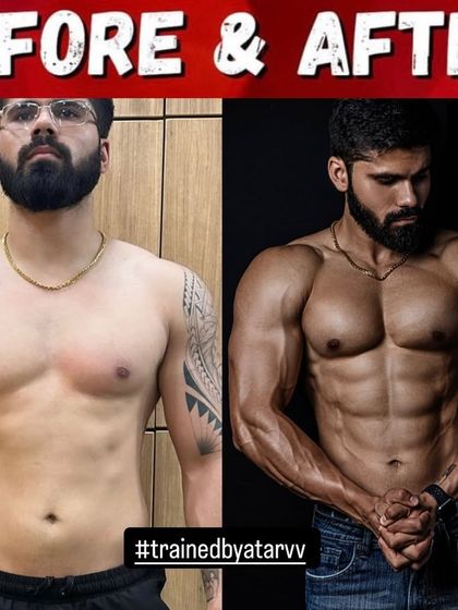 Another angle of the 100-day transformation, showing the significant reduction in body fat and increase in muscle definition across the entire upper body.