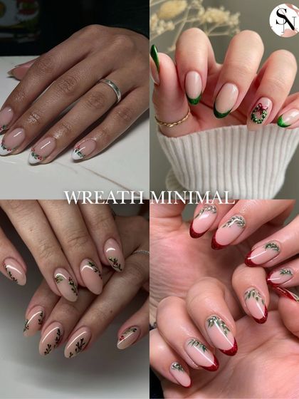 Wreath-inspired minimal nail art is an elegant way to celebrate the holidays. This collage shows delicate green and gold foliage painted along the tips of the nails.