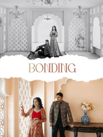 A collage showing the contrast between a dramatic black and white portrait and a soft, naturally lit moment, both captured in a beautiful palace interior.