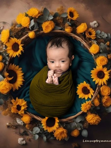 Nestled in a wreath of sunflowers, this baby is the center of a beautiful, artistic composition. I love creating these elaborate yet safe setups that turn your newborn's portrait into a unique piece of art.