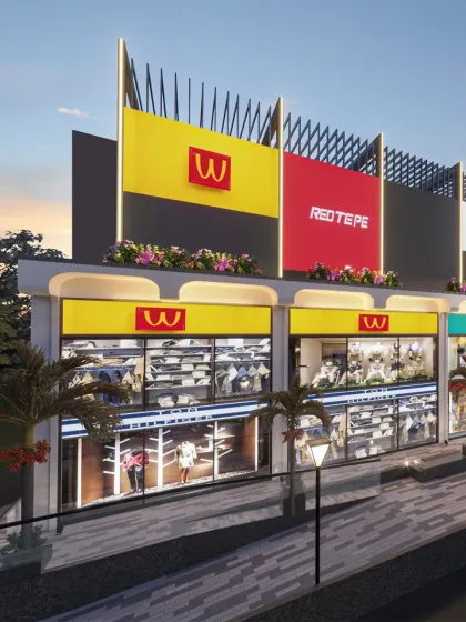 A detail shot of the upper facade with vibrant branding, showcasing the design's commercial potential.