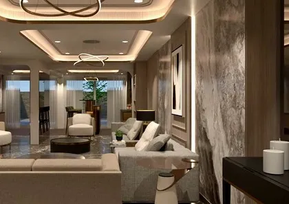 This is a photorealistic 3D visualization of a neoclassic villa's living space. It allows the client to see how the coffered ceilings, integrated lighting, and marble accents will come together to create a truly luxurious environment.