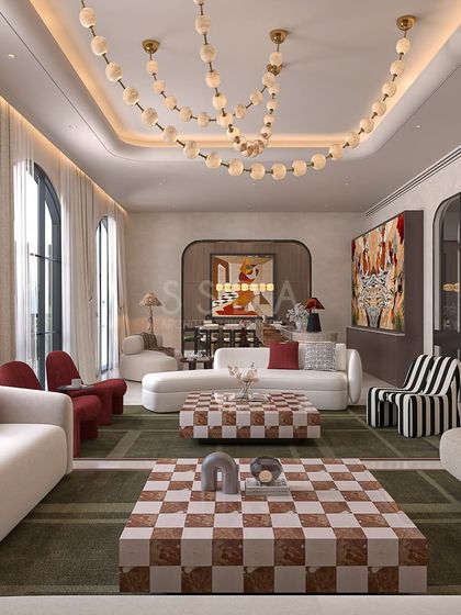A wide view of a conceptual living space, demonstrating how multiple bold elements like a checkered coffee table, striped chair, and large-scale art can be balanced within a harmonious and energetic design.