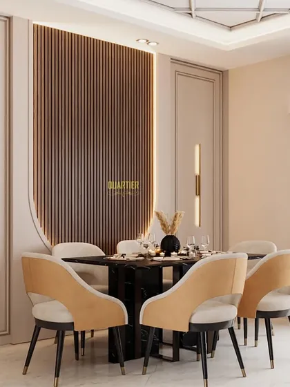 In this ATS Rhapsody project, the dining area is defined by a feature wall with PVC louvers and classic European-style mouldings. The fully quilted chairs and stone countertop table add a layer of luxury and comfort.