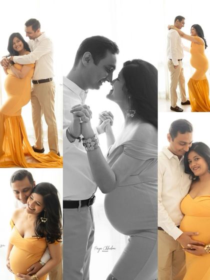 A collage showcasing the joy and variety from a single couple's maternity session. We move through different poses, from playful and laughing to quiet and tender, telling your complete story.