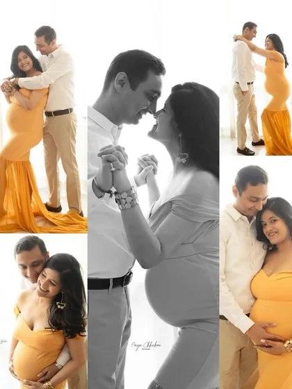 A collage showcasing the joy and variety from a single couple's maternity session. We move through different poses, from playful and laughing to quiet and tender, telling your complete story.