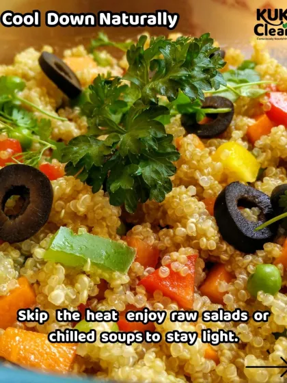A simple summer tip to cool down naturally is to skip the heat. Enjoy raw salads or chilled soups like this quinoa salad to stay light and refreshed.