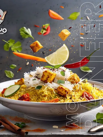 For my vegetarian friends, here is the Mojo Paneer Biryani. Soft paneer cubes are marinated and cooked in a flavorful masala, then layered with long-grain basmati rice.