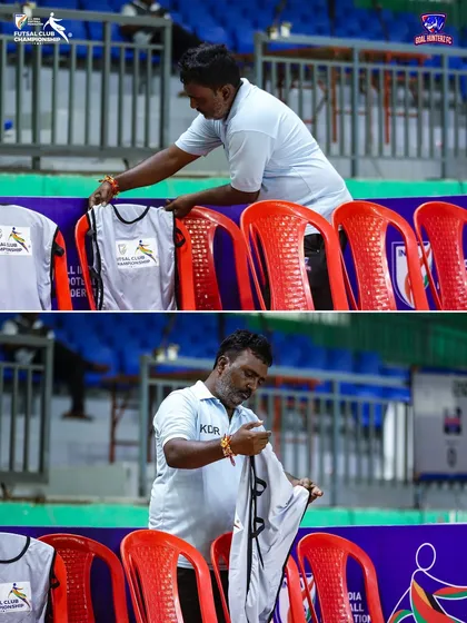 Our support staff, Keshav Bhaiya, meticulously preparing the team bibs before a match.