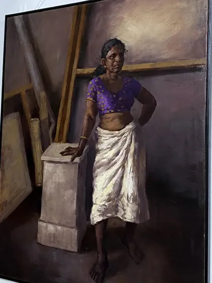 "Amma," a 60"x48" oil on canvas. This full-figure portrait study, done at the Sir J.J. School of Art, shows my focus on capturing the strength and personality of the model using bold brushwork.