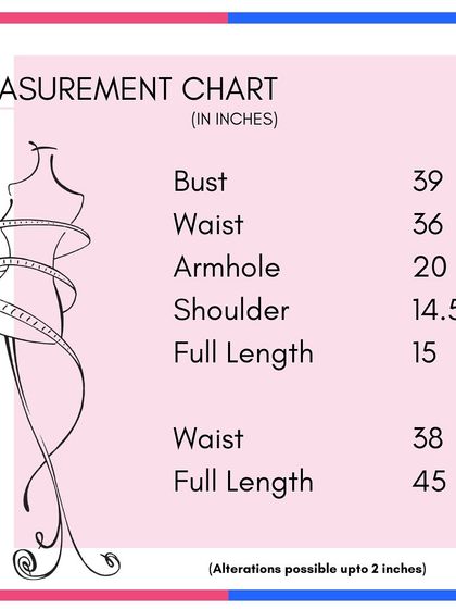 Another example of our detailed measurement chart. We can alter most outfits up to 2 inches for a custom fit.