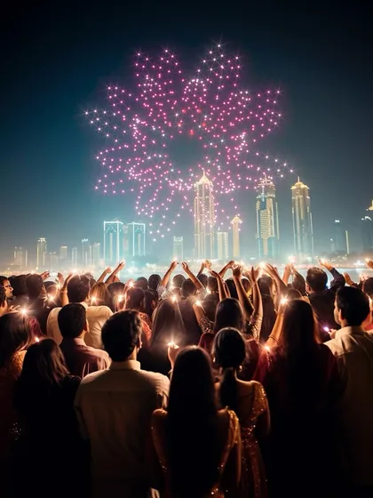 Wishing everyone a Happy Diwali with this festive flower formation. My drone shows are a safe, smokeless, and brilliant way to light up the sky for holidays, creating a shared moment of celebration for the whole crowd.