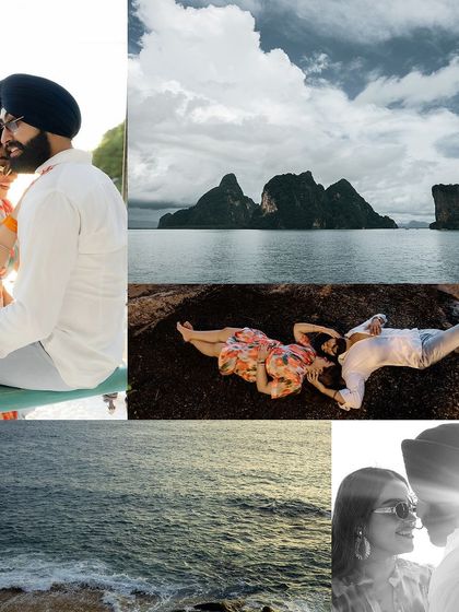 A collage of moments from their beach shoot, including drone shots of the dramatic island landscape.