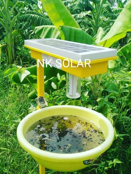 Here is our Solar Insect Trap installed on a farm. This self-contained unit uses its own solar panel to power a light that attracts and traps pests, offering a chemical-free crop protection solution for agriculture.