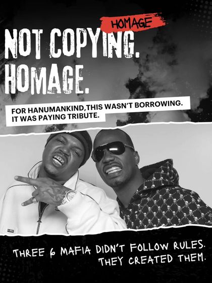 A poster clarifying 'Not Copying. Homage.' We help shape the narrative around our artists' work, addressing fan conversations directly.