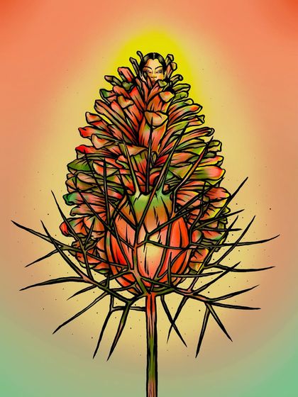 'Self-preservation,' a piece where a feminine figure is nestled within a thorny, pinecone-like plant. This illustration is a visual metaphor for setting boundaries and protecting one's inner self.