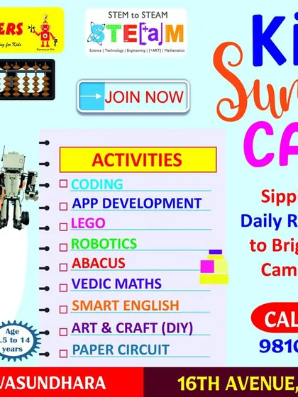 An advertisement for our Kids Summer Camp, listing a wide array of activities such as Coding, App Development, LEGO, Robotics, Abacus, Vedic Maths, Smart English, and Art & Craft at our Gaur City and Vasundhara locations.