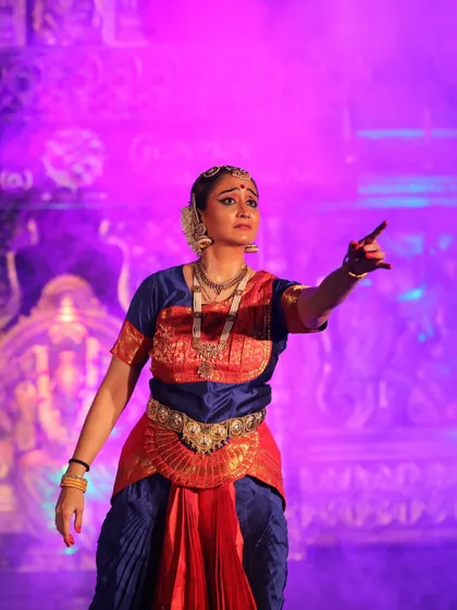 As a Guru, it is important to keep my own practice alive. This is me during a performance, lost in the character and the story. Through Abhinaya, or expression, we bring ancient tales to life, and I guide my students to find their own voice in this beautiful language of dance.