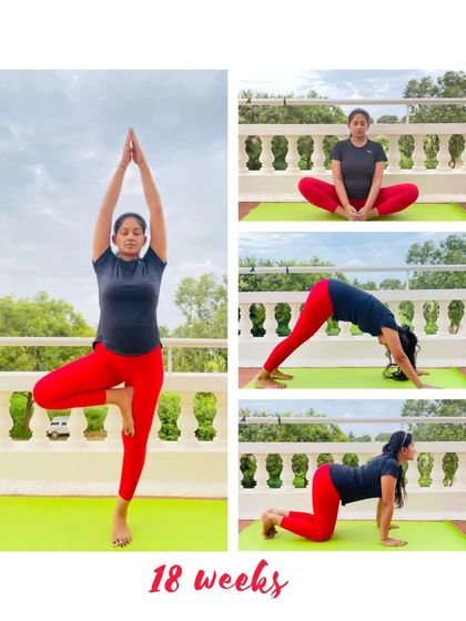 At just 18 weeks, this mama is building a strong foundation with poses like Tree Pose, Downward-Facing Dog, and Cat-Cow.