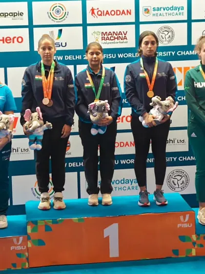 A full view of the 25M Pistol Women Team winners. Our events give female athletes the recognition they deserve for their hard work and dedication.