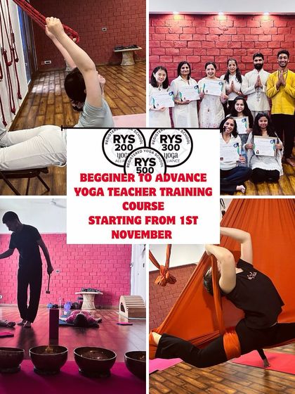 Admissions are open for our next Beginner to Advanced Yoga Teacher Training Course starting November 1st. This collage shows the variety you'll experience: rope yoga, certification, sound healing, and aerial yoga.