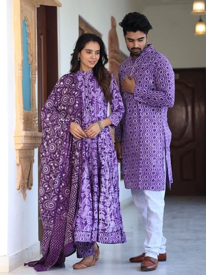 A stunning couple's combo in a rich purple hue. Both the Anarkali and kurta feature an intricate geometric Bagru block print, perfect for festive celebrations.