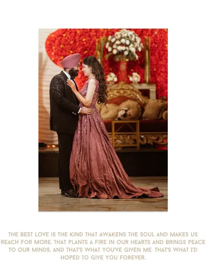A classic, full-length portrait of the couple against a rich red floral backdrop, showcasing their elegant evening wear.
