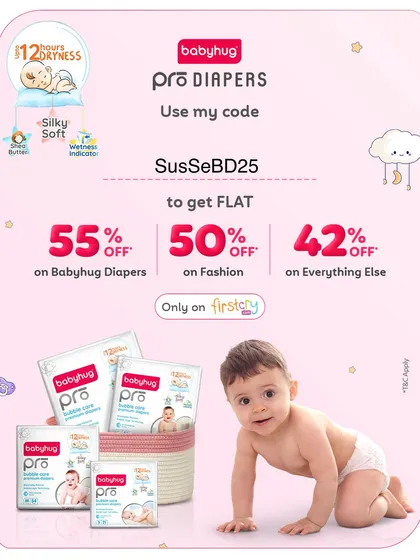This promotional graphic is a clear call to action. It displays my unique discount code for Firstcry, with specific percentages off for diapers, fashion, and other categories, making it easy for my audience to shop and save.