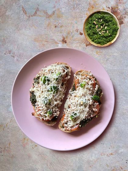 A perfect breakfast of sourdough toast topped with my fresh pesto, herbed tofu, and cheese. My pestos are versatile enough to transform any meal, starting with the most important one of the day.