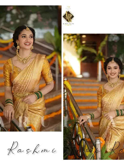 The lovely Reeshma Nanaiah in a full traditional look. I designed this golden blouse with delicate embroidery to pair with her beautiful Kanjivaram saree.