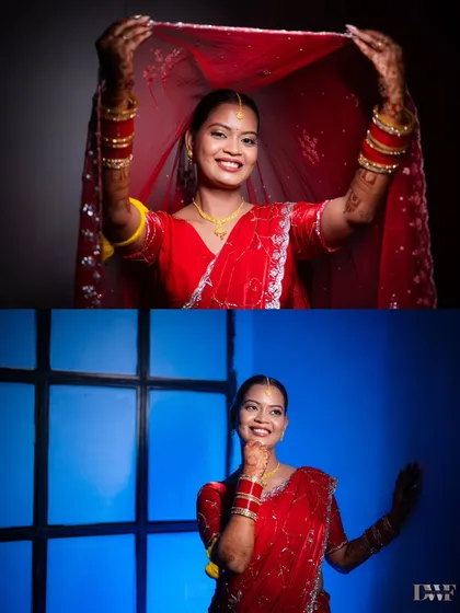 A collage of the bride's portraits. Her radiant smile and traditional red attire are captured beautifully under different lighting.