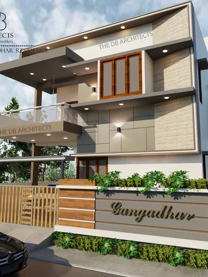 A perspective view of the proposed design for Mr. Gangadhar's home, showing how the different elements of the facade come together to create a cohesive and modern aesthetic.