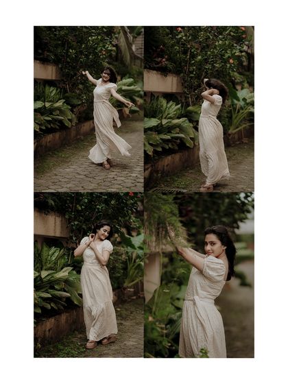 A beautiful collage showcasing a model in a flowing white dress, surrounded by lush greenery. It captures a sense of grace and movement.