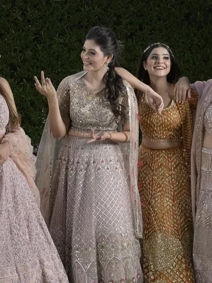 Another fun and candid group shot, highlighting the beautiful details and flowing silhouettes of our contemporary lehenga collection.