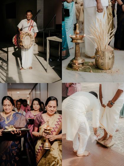 This collage shows the traditional start of a South Indian wedding, with the rhythmic beat of the thavil drum and the ceremonial welcoming of the groom.