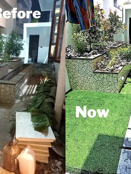 This project demonstrates how I can transform a challenging side yard. I installed durable artificial grass, a stone pathway, and raised planters with mosaic tiling to create a stylish and usable space from a previously unfinished area.